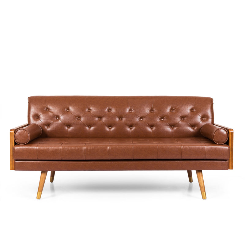 Adelaide - Mid Century Modern Tufted Sofa With Rolled Accent Pillows - Light Brown