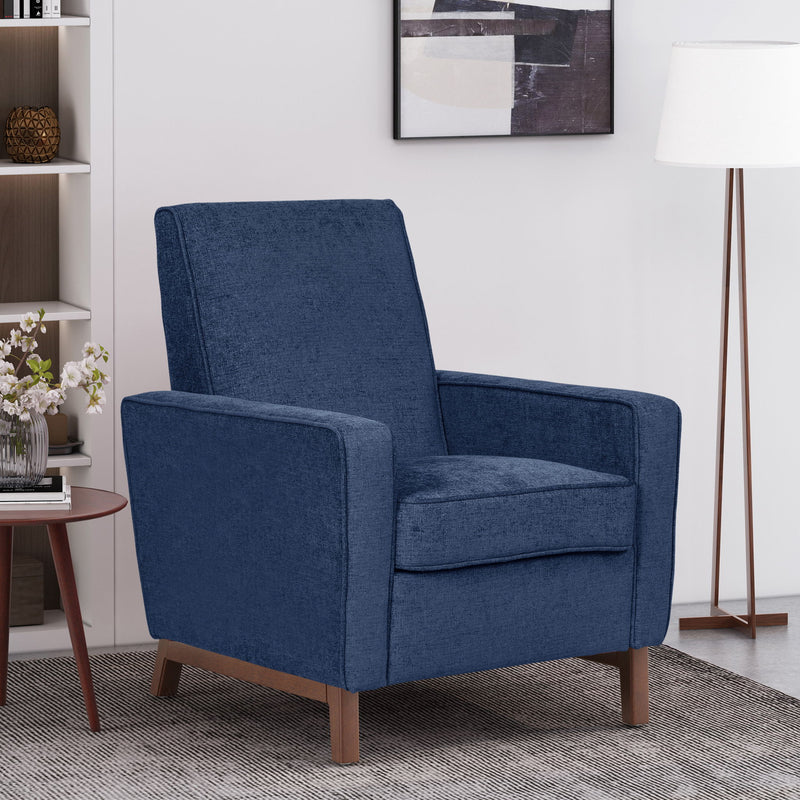 Mid Century Modern Club Chair With Upholstery And Rubberwood Legs - Navy Blue