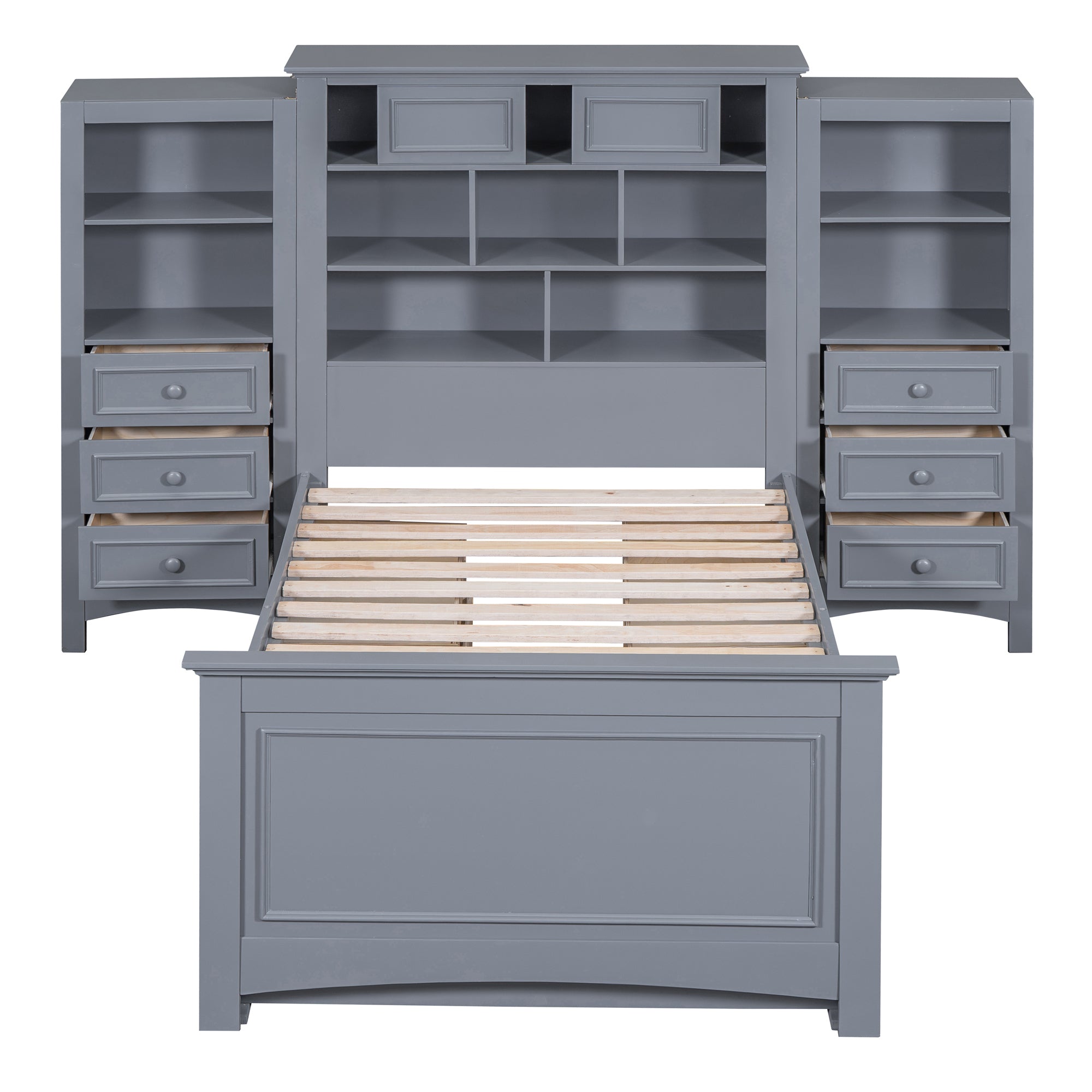Twin Size Wood Platformbed with Vertical All-in-One Cabinet and 4 Drawers on each side, Gray - Atlantic Fine Furniture Melbourne FL