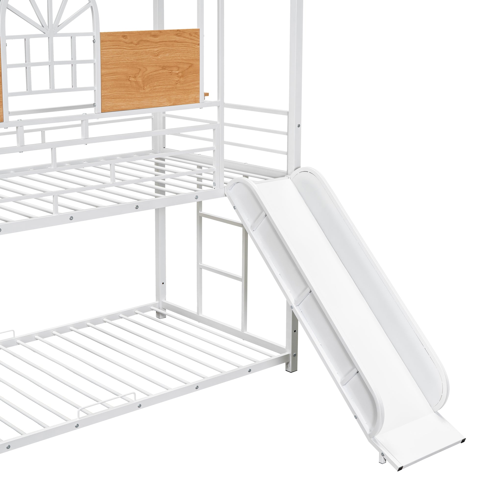 Twin Over Twin Metal Bunk Bed, Metal Housebed with Slide and Storage Stair, White with White Slide - Atlantic Fine Furniture Melbourne FL