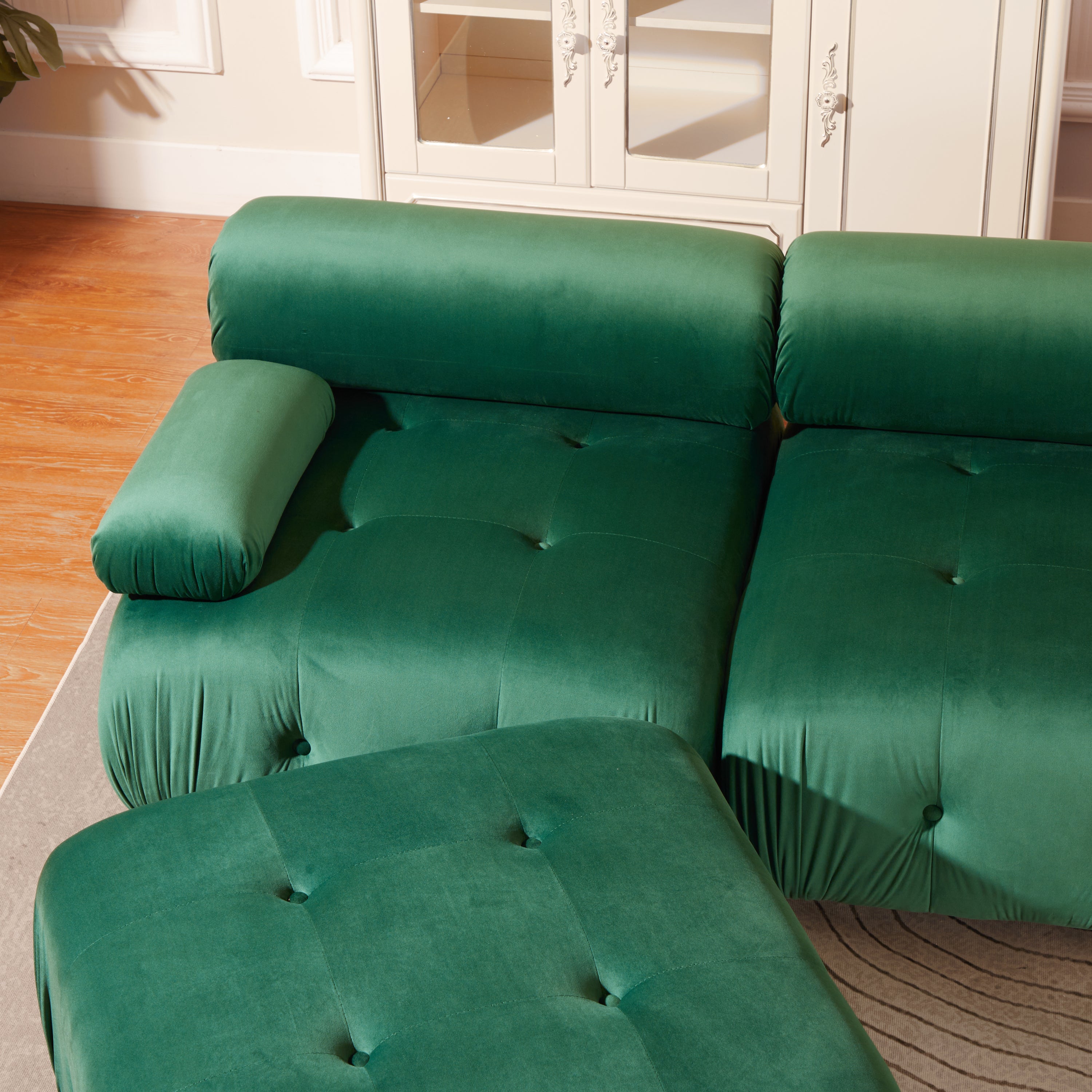 Modular Sectional Sofa Couch, Modern L Shaped Cloud Couch with Reversible Ottoman Convertible Button Tufted Velvet Fabric Couches for Living Room, DIY Combination,Green