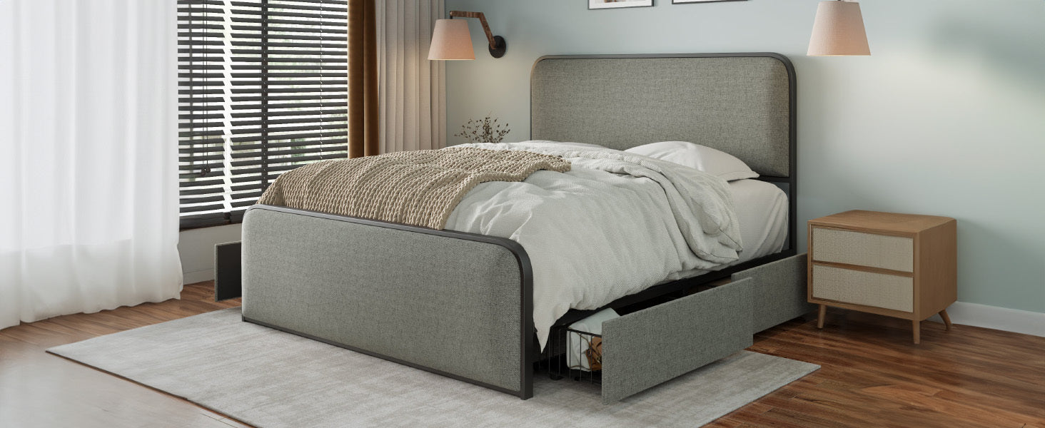 Modern Metal Bed Frame with Curved Upholstered Headboard and Footboard Bed with 4 Storage Drawers, Heavy Duty Metal Slats, King Size, Grey - Atlantic Fine Furniture Melbourne FL