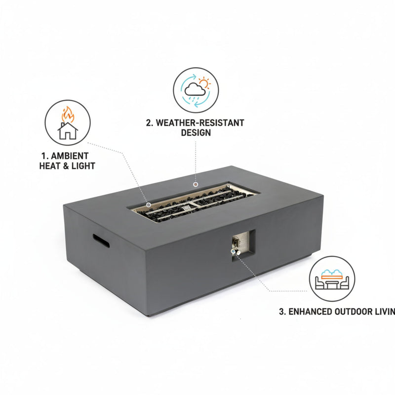 Volon - Rectangular Fire Pit Table, Propane Powered, 50,000 BTU - Light Gray