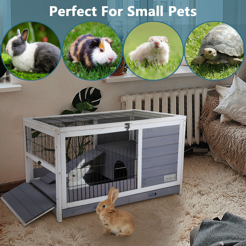 Wooden Rabbit Hutch Indoor Bunny House For Small Animals With Plastic Tray