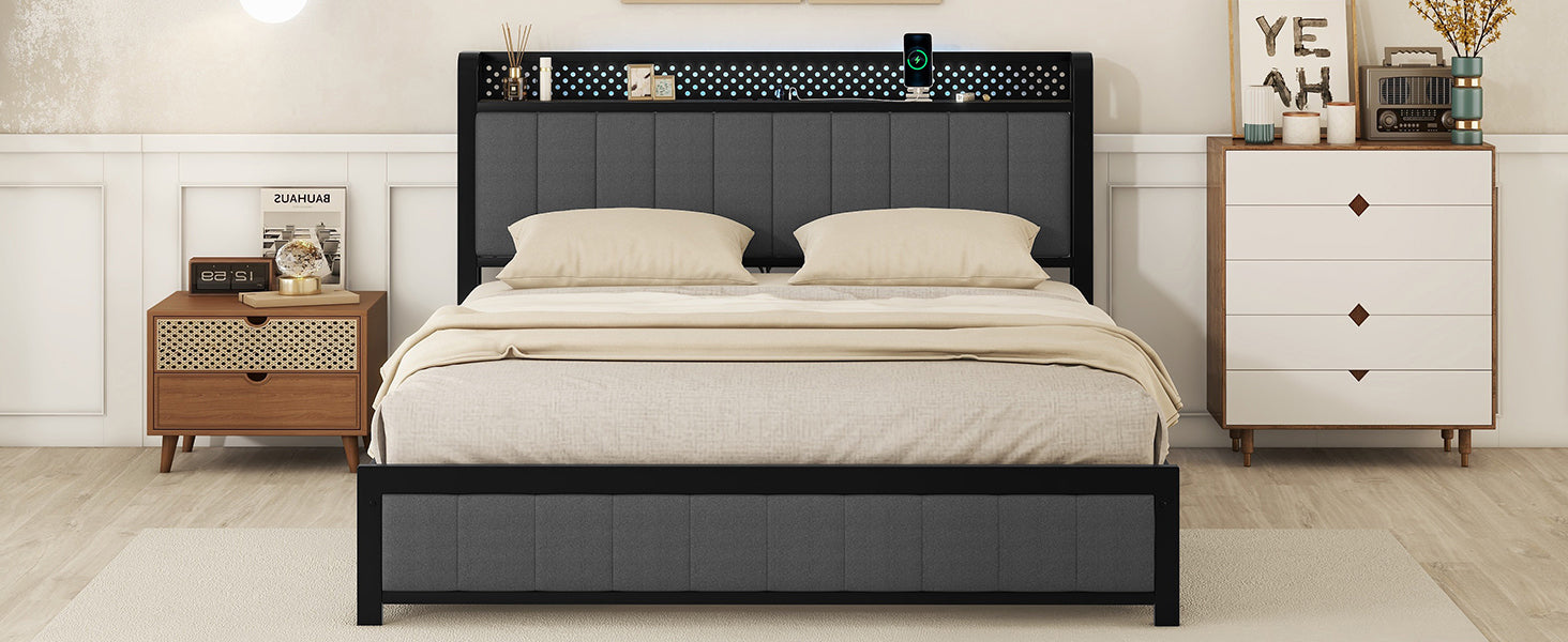 Queen Bed Frame with LED Headboard, Upholstered Bed with 4 Storage Drawers and USB Ports, Dark Grey - Atlantic Fine Furniture Melbourne FL