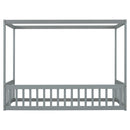Twin Size Canopy Frame Floor Bed with Fence, Guardrails,Grey