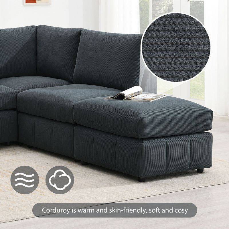 Modern Sectional Sofa With Vertical Stripes, 5 Seat Armless Couch Set With Convertible Ottomans, Various Combinations, L-Shape Indoor Furniture For Living Room