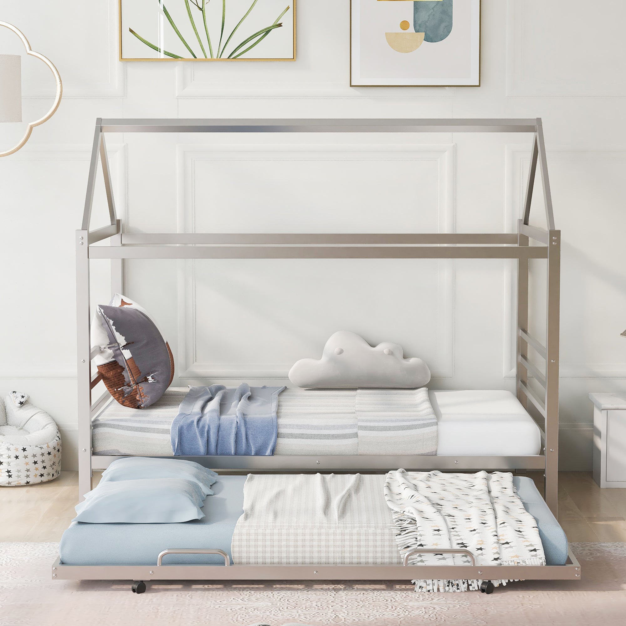 Twin Size Metal House Shape Platform Bed with Trundle,Silver - Atlantic Fine Furniture Melbourne FL