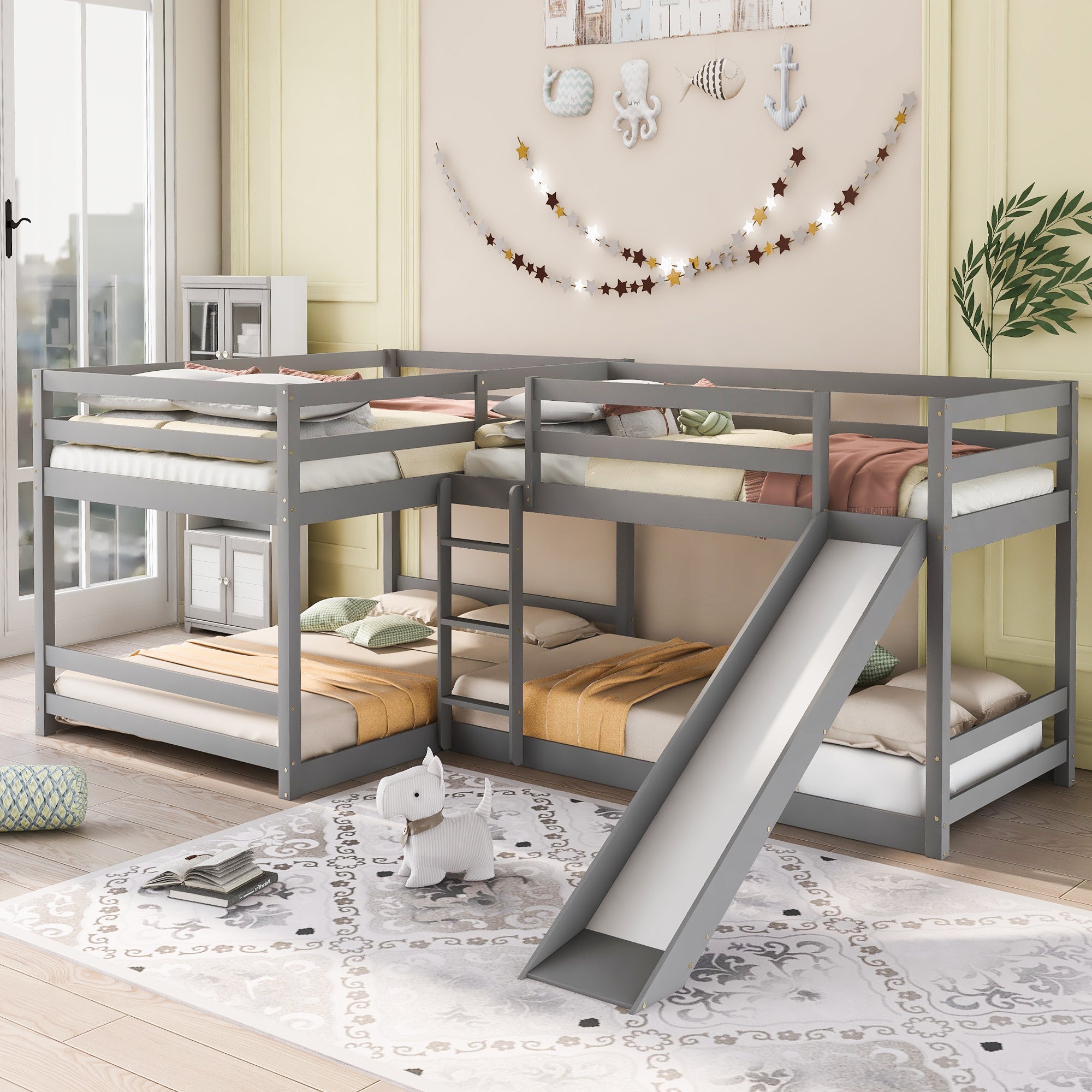 Full and Twin Size L-Shaped Bunk Bed with Slide and Short Ladder,Gray - Atlantic Fine Furniture Melbourne FL