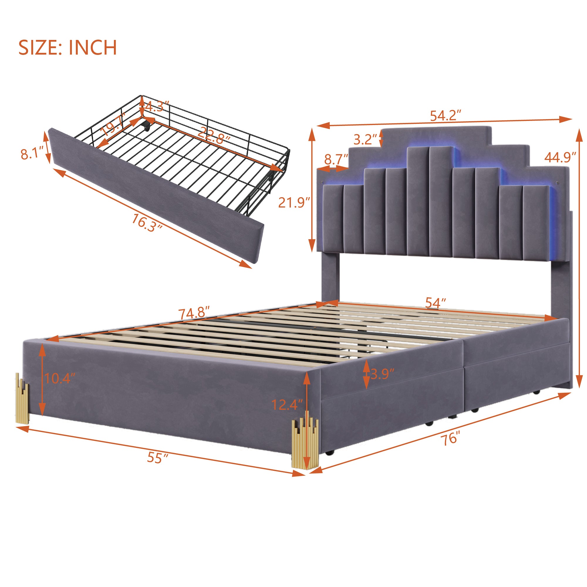 Full Size Upholstered Platform Bed with LED Lights and 4 Drawers, Stylish Irregular Metal Bed Legs Design, Gray - Atlantic Fine Furniture Melbourne FL