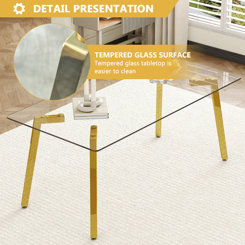 Minimalist Rectangular Dining Table With Transparent Glass Top And Metal Legs