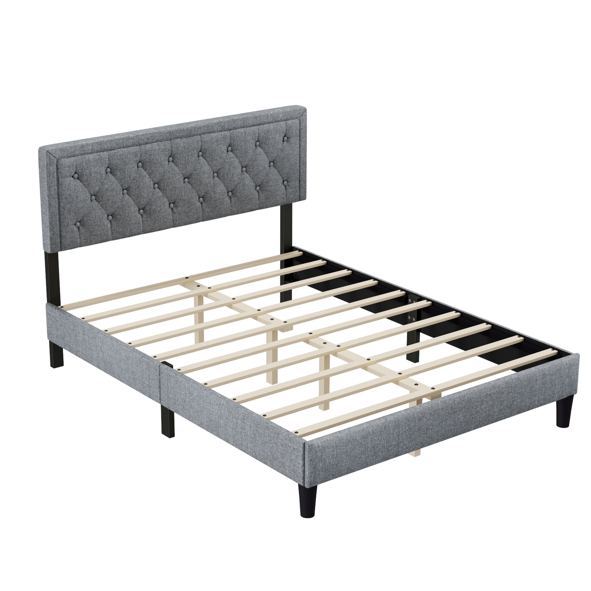 Queen size Panel Bed Frame with Adjustable Button-Tufted Headboard for Bedroom/Linen Upholstered/Wood Slat Support/Easy Assembly,Light Grey