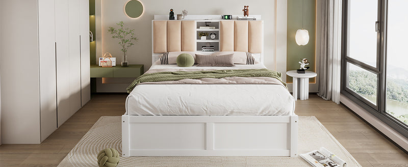 Wood Full Size Platform Bed with Storage Headboard and 4 Drawers, White