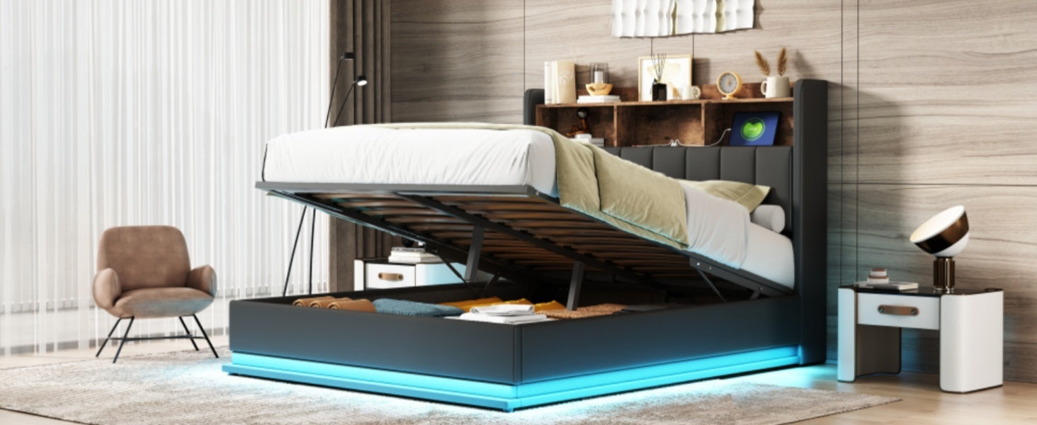 Queen Size  Upholstered Platform Bed with Storage Headboard and Hydraulic Storage System, PU Storage Bed with LED Lights and USB charger, Black - Atlantic Fine Furniture Melbourne FL