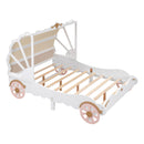 Full Size Princess Carriage Bed with Canopy, Wood Platform Car Bed with 3D Carving Pattern, White+Pink+Gold