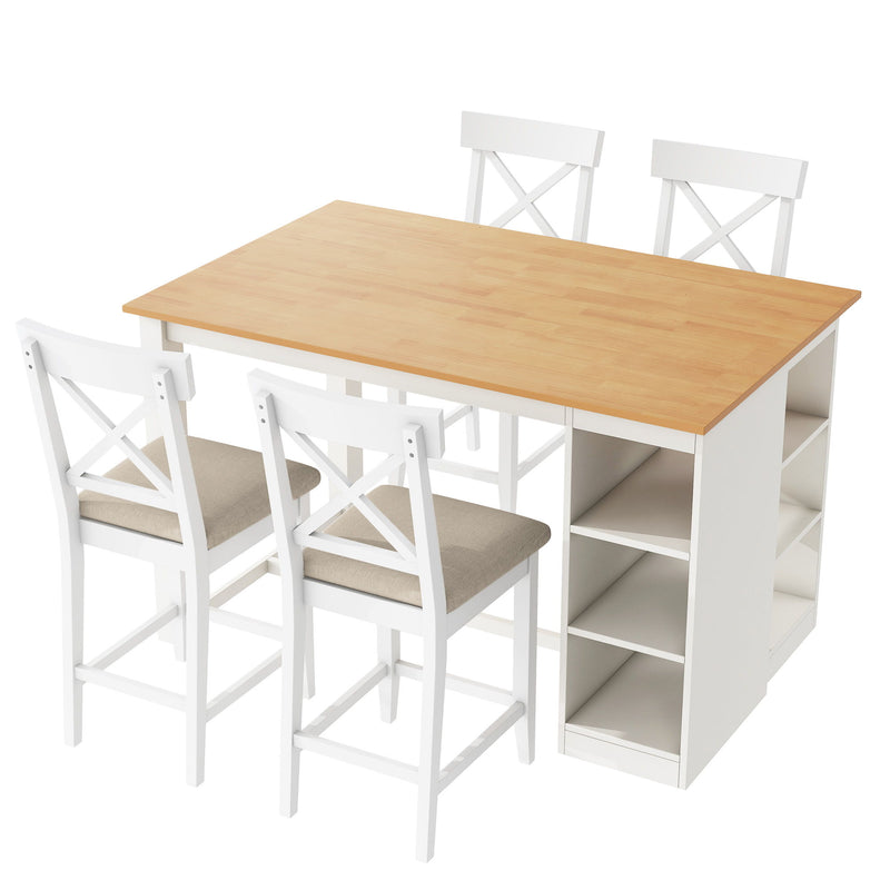 Solid Wood Farmhouse Counter Height Dining Table Set With 3 Tier Storage Shelves