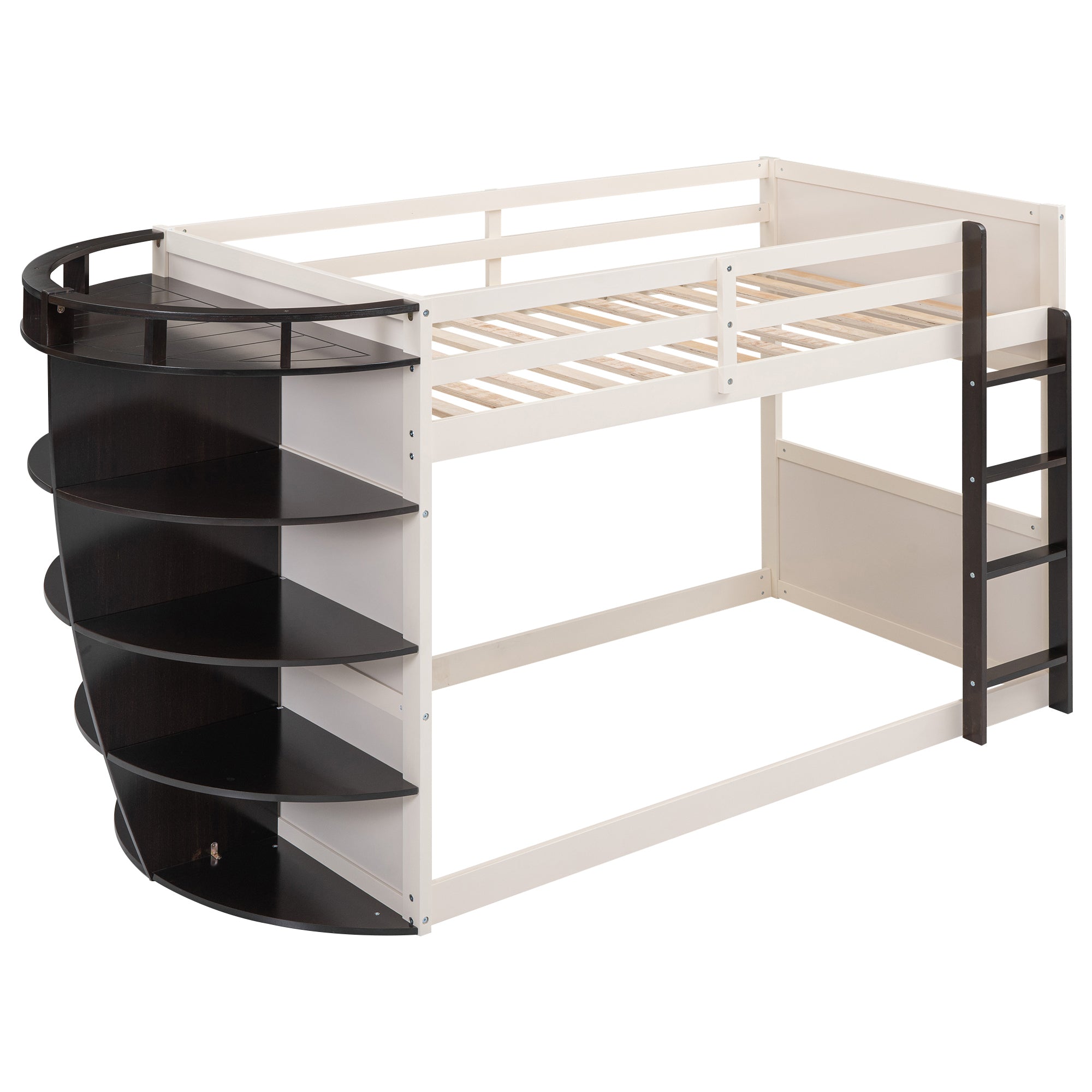 Twin over Twin Boat-Like Shape Bunk Bed with Storage Shelves, Cream+Espresso - Atlantic Fine Furniture Melbourne FL