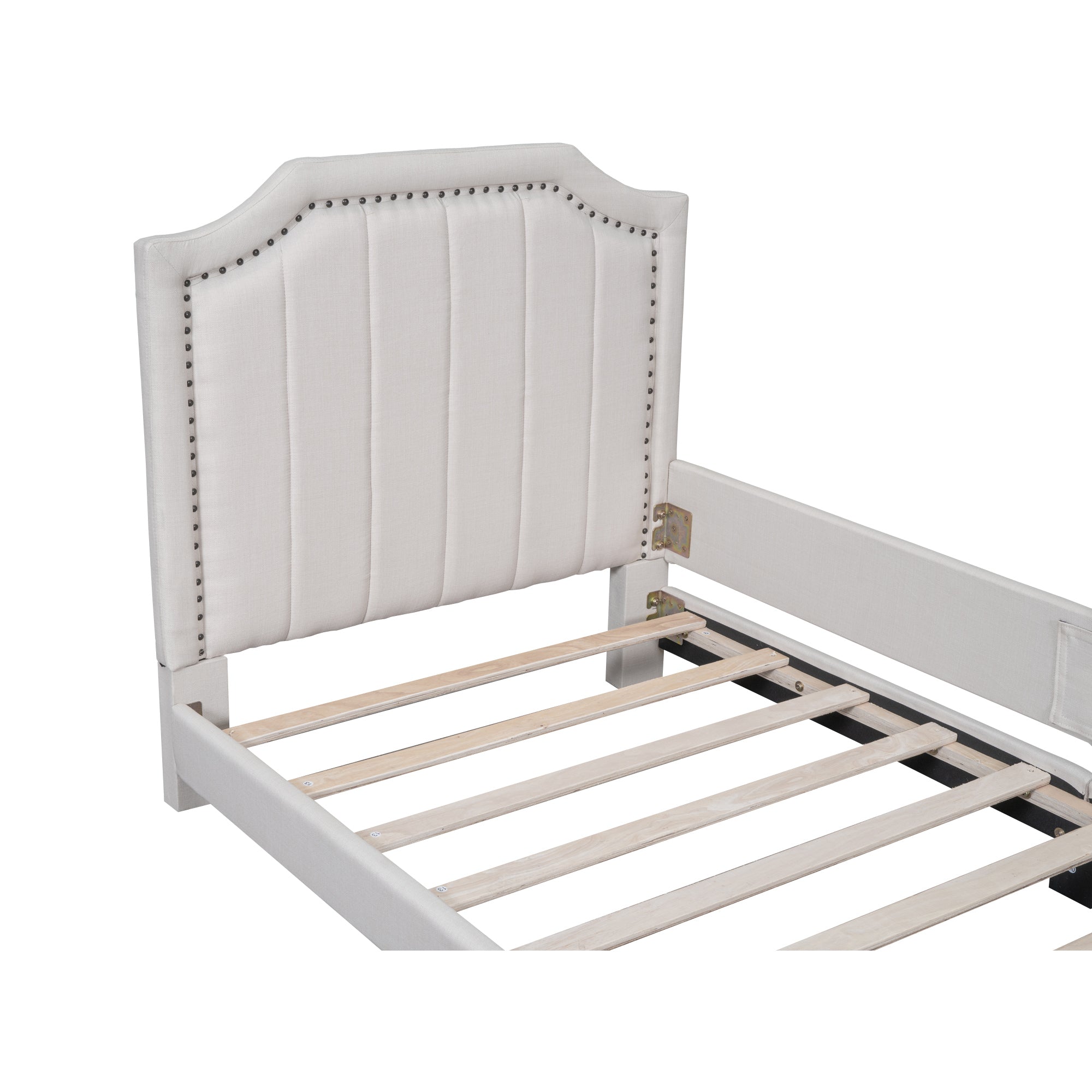 Twin Size Upholstered Platform Bed with Nailhead Trim Decoration and Guardrail, Beige - Atlantic Fine Furniture Melbourne FL