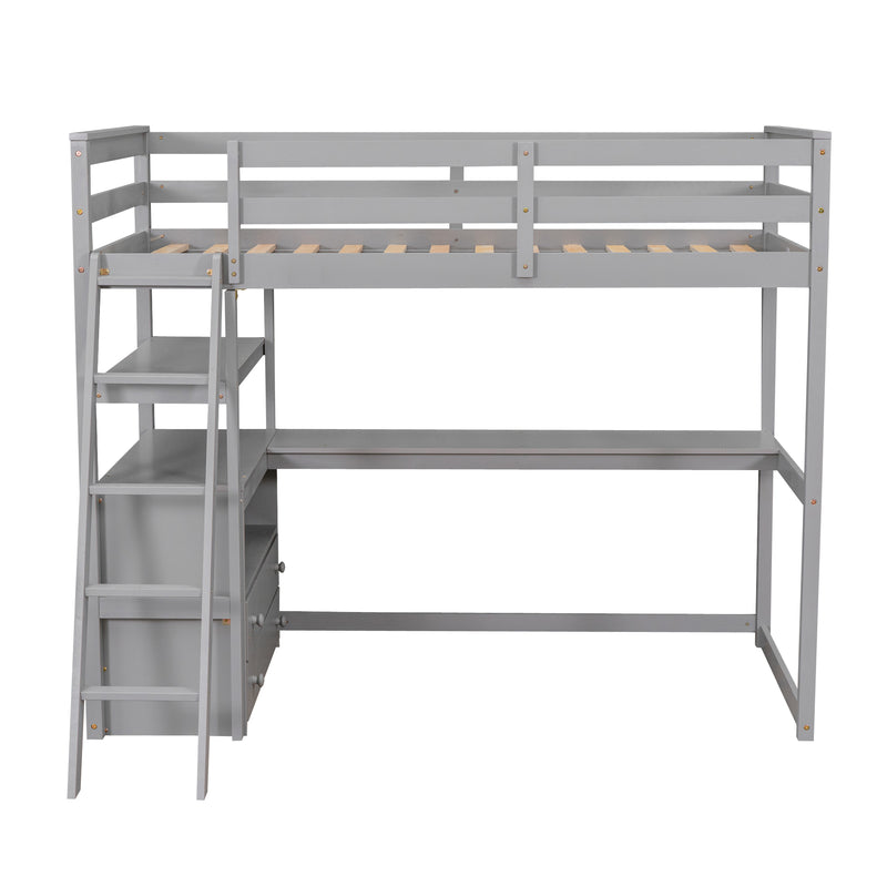 Twin Size Loft Bed with Desk and Shelves, Two Built-in Drawers, Gray(old SKU:GX000803AAE-1)