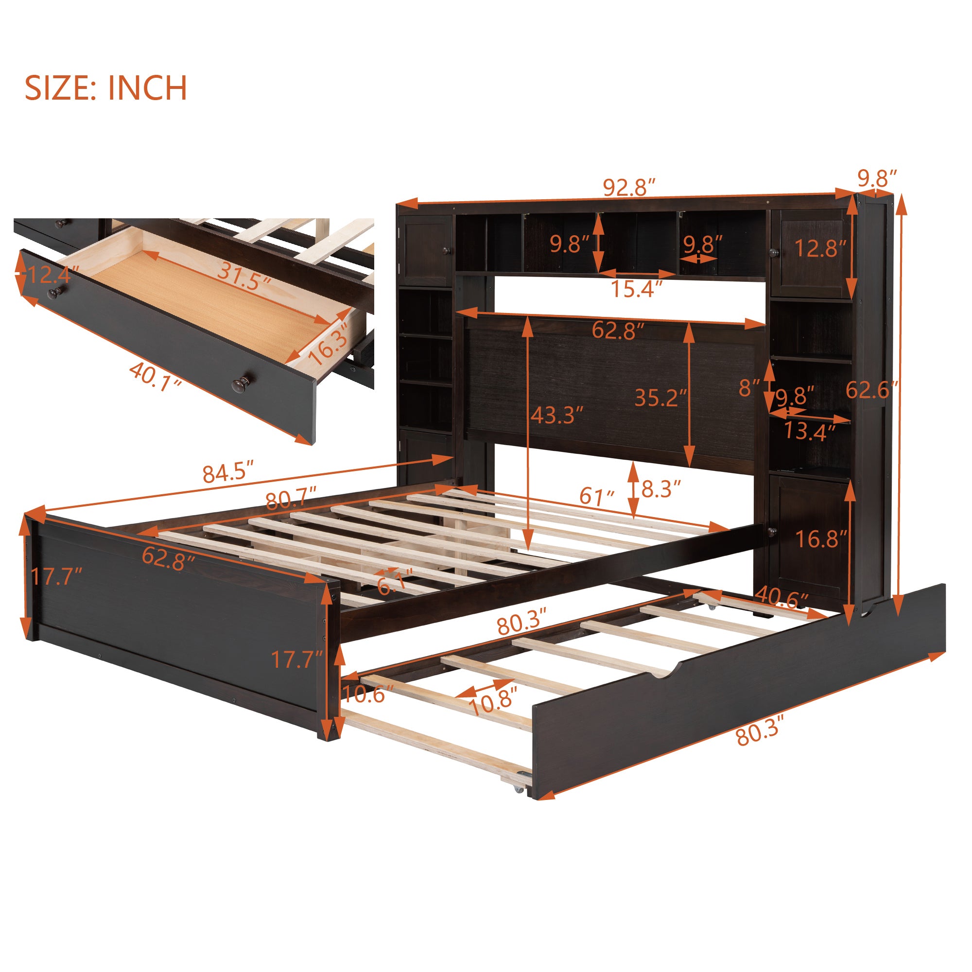 Queen Size Wooden Bed With All-in-One Cabinet, Shelf and Sockets, Espresso - Atlantic Fine Furniture Melbourne FL