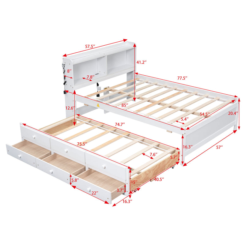 Bed With USB & Type-C Ports, LED Light, Bookcase Headboard, Trundle And 3 Storage Drawers, Bed With Bookcase Headboard, Trundle And Storage Drawers