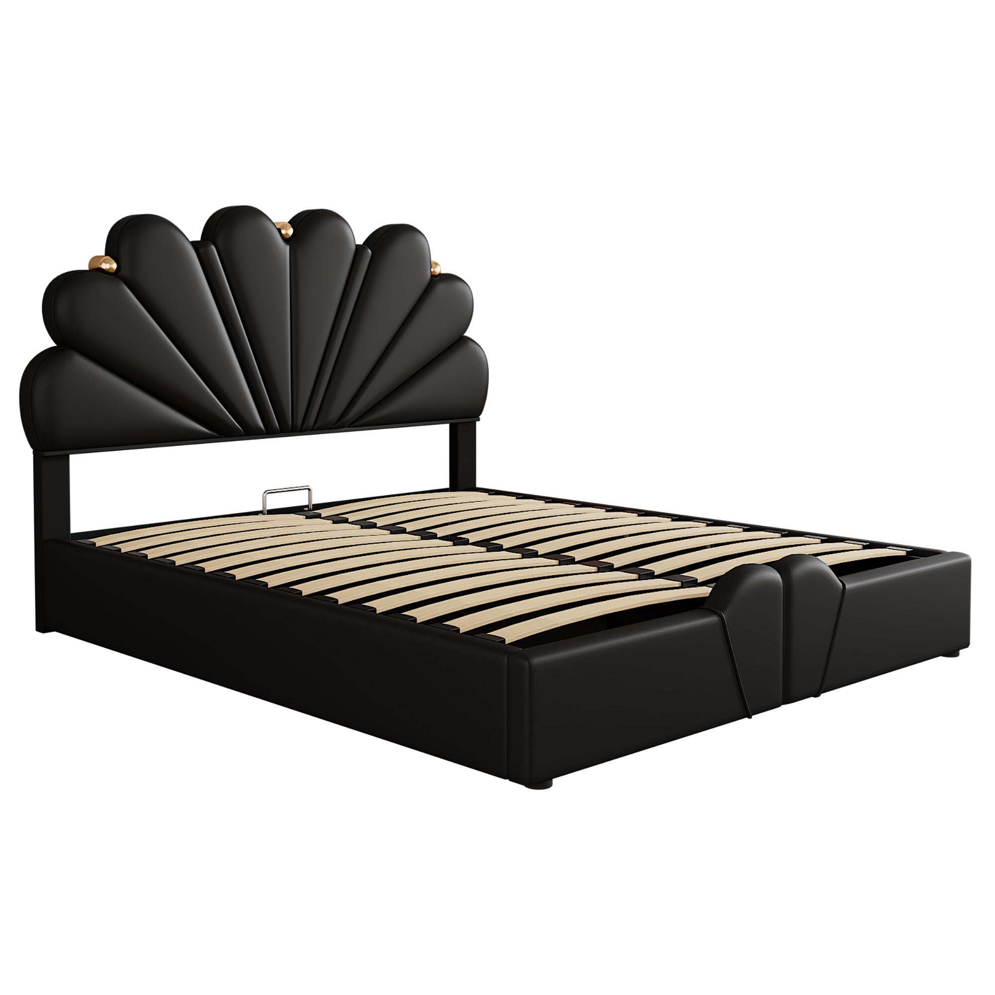 Queen Size Upholstered  Petal Shaped Platform Bed  with Hydraulic Storage System, PU Storage Bed, Decorated with metal balls, Black - Atlantic Fine Furniture Melbourne FL