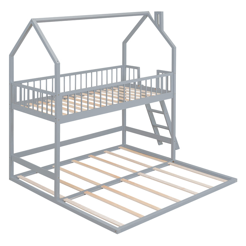 Twin Over Twin-Twin House Bunk Bed with Extending Trundle and Ladder