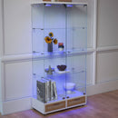 Glass Display Cabinet With LED Lights, Tempered Glass Doors, Large Drawers, 2 Door Storage Case With 4 Shelves - Natural / White