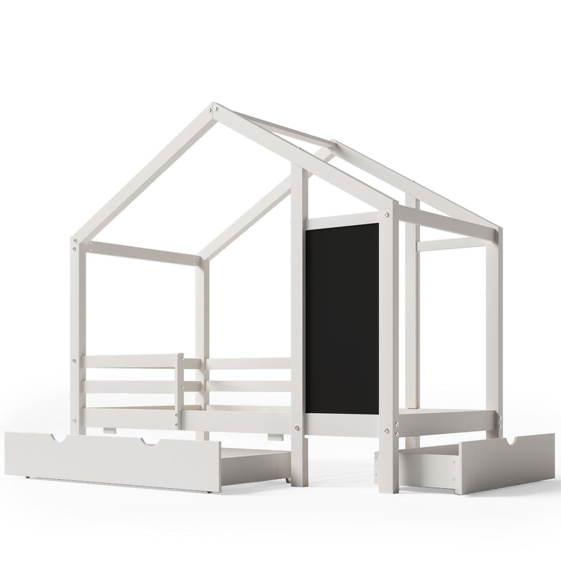 Twin House Bed With Blackboard And Drawers, 2 Assembly Options - White