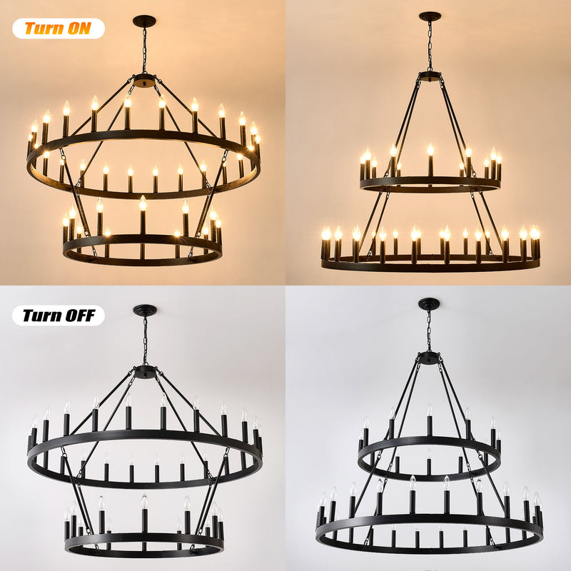 2 Tiers Wagon Wheel Chandelier Wooden Farmhouse 36 Light (24 / 12) Or (12 / 24) Metal Chandeliers 2 Story Light Fixtures Industrial For High Ceiling Living Dining Room Foyer, Adjustable Height - Black