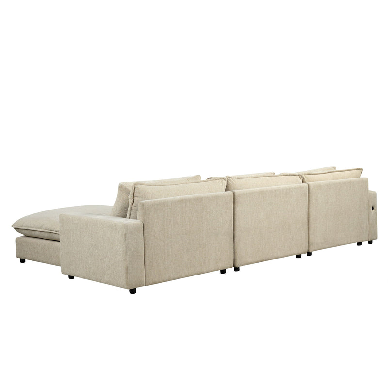 Sectional Sofa Cloud Sofa Chenille Upholstered Sofa Couch With Movable Ottoman, Comfortable Seat Cushions, Charging Ports And Three Back Pillows For Living Room