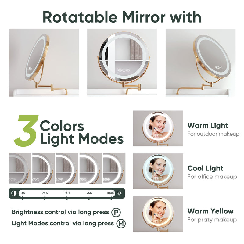 White Vanity Desk With 360° Rotated Mirror And Adjustable Lights, Girls Makeup Vanity Table With Storage Chair And Side Cabinet - Antique White