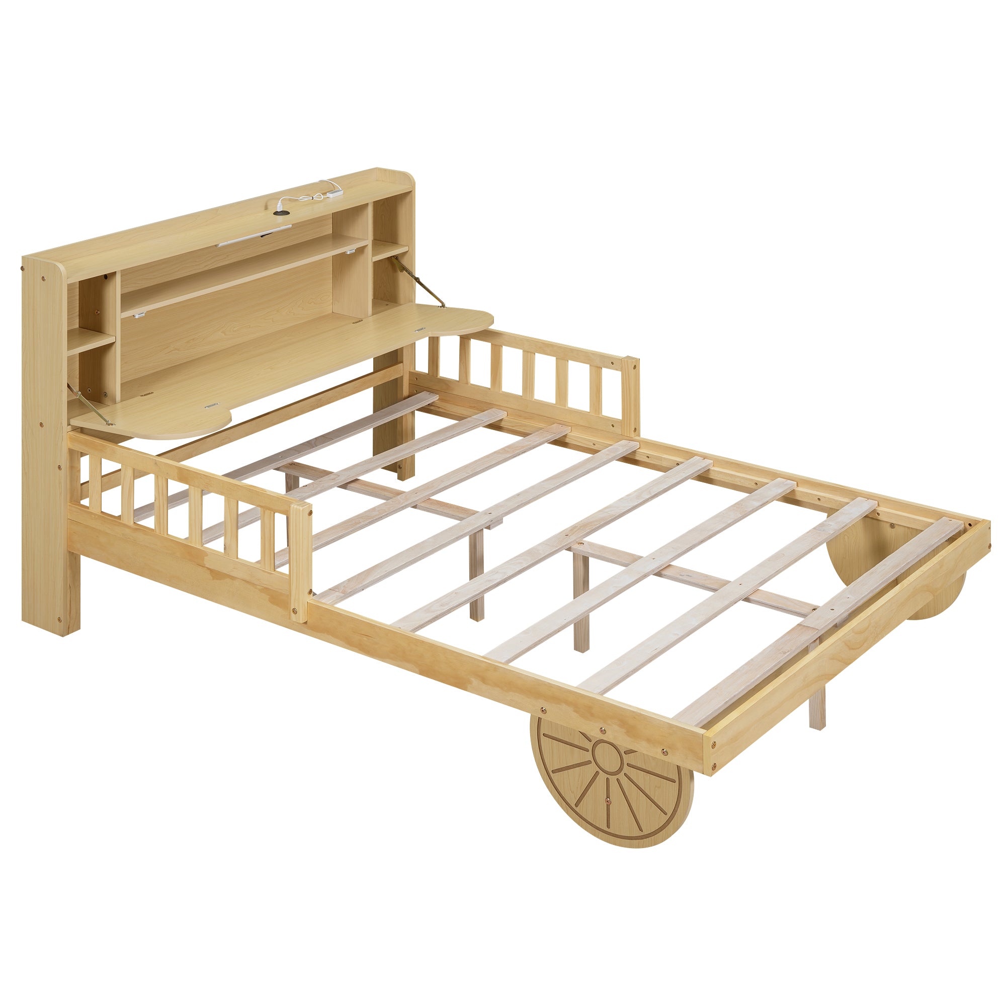 Full Size Car Bed with Bear-Shaped Headboard, USB and LED, Natural - Atlantic Fine Furniture Melbourne FL