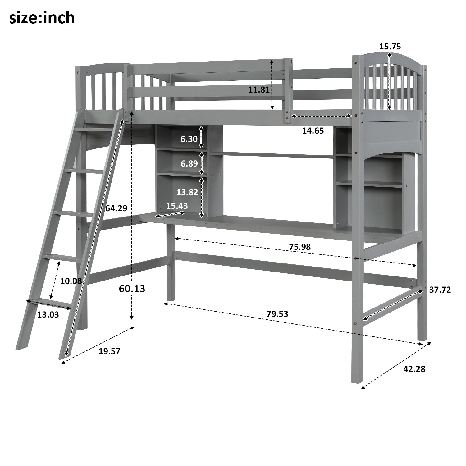 Twin size Loft Bed with Storage Shelves, Desk and Ladder, Gray(OLD SKU :LP000140EAA) - Atlantic Fine Furniture Melbourne FL