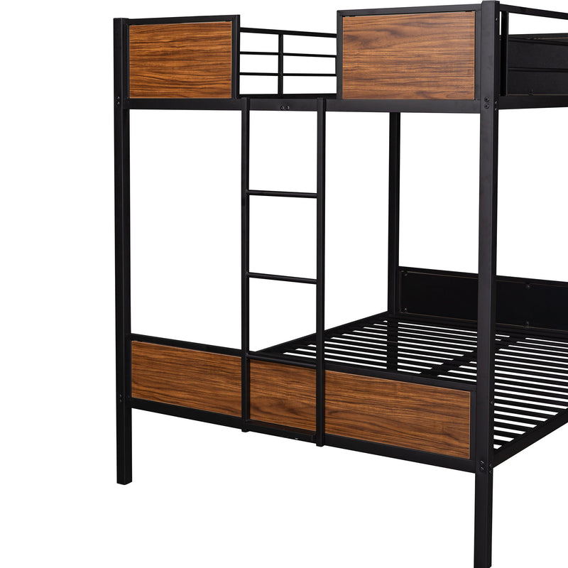 Full Over Full Bunk Bed Modern Style Steel Frame Bunk Bed With Safety Rail, Built-In Ladder For Bedroom, Dorm, Boys, Girls, Adults - Brown