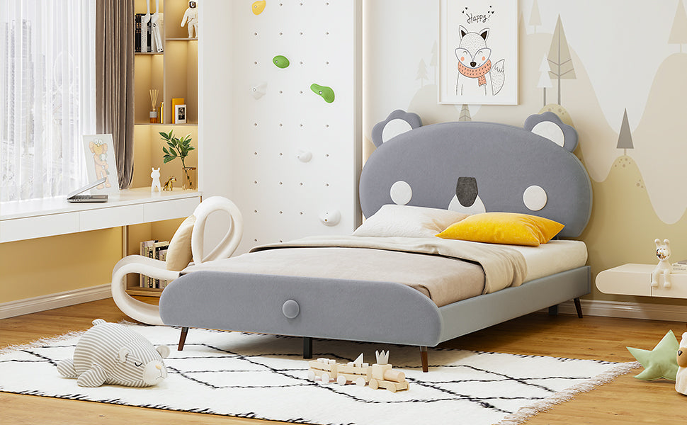 Full Size Upholstered Platform Bed with Koala-Shaped Headboard, Gray - Atlantic Fine Furniture Melbourne FL