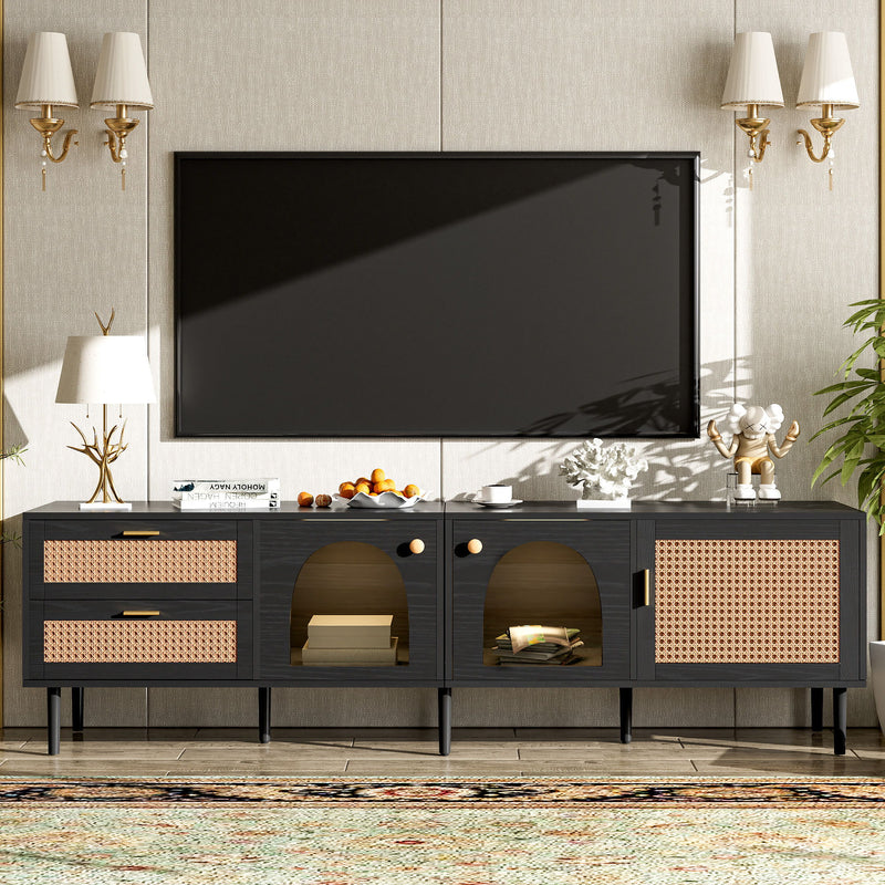 Rattan TV Stand With 3 Cabinets & 2 Drawers, Rattan-Inspired Media Console Table For Tvs Up To 80'', LED Light Entertainment Center, TV Cabinet For Living Room - Black