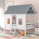 Twin Size Low Loft House Bed With Roof And 2 Front Windows - White