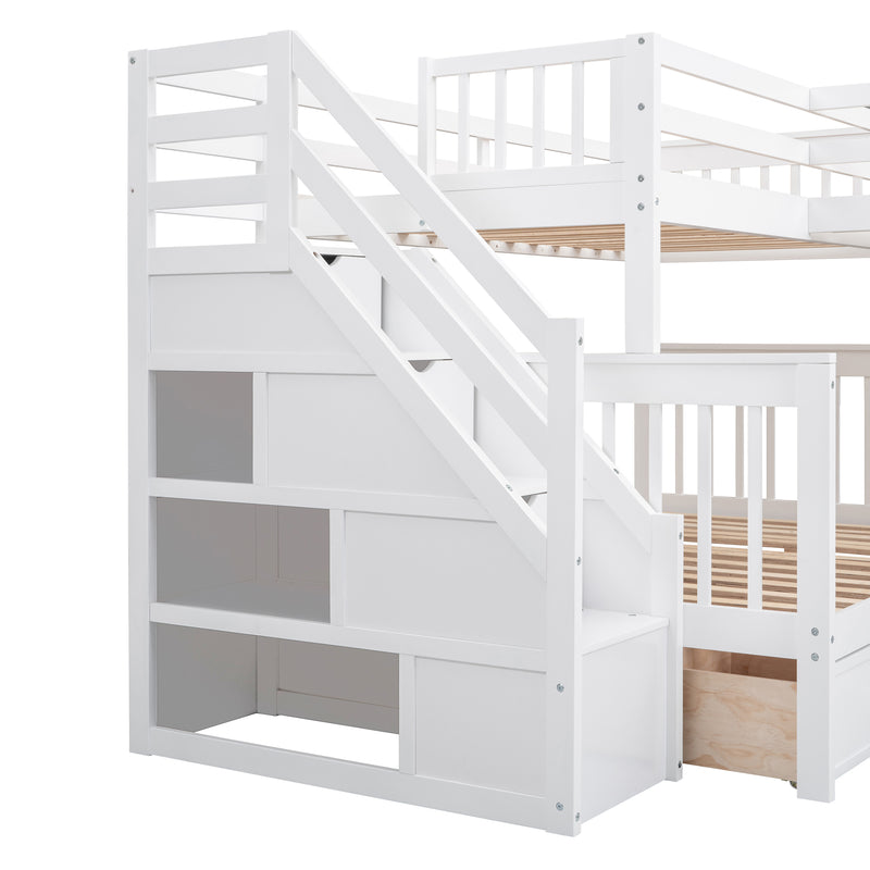 Twin-Twin over Full L-Shaped Bunk Bed With 3 Drawers, Portable Desk and Wardrobe, White