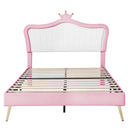 Queen Size Upholstered Bed Frame with LED Lights,Modern Upholstered Princess Bed With Crown Headboard,White+Pink