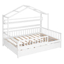 Wooden Full Size House Bed with Twin Size Trundle,Kids Bed with Shelf, White