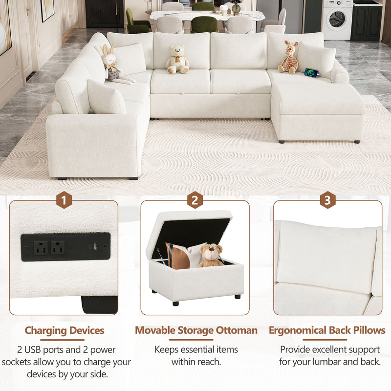 Sectional Sofa Pull-Out Sofa Bed Sleeper With A Storage Ottoman, Three Pillows And Charging Devices For Living Room