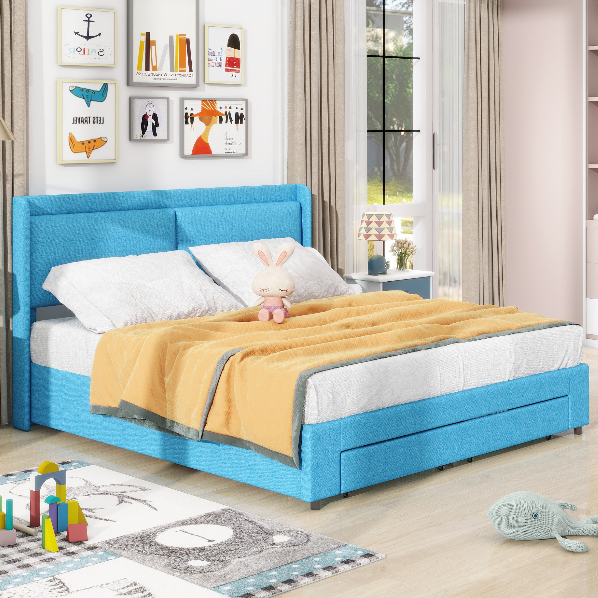 Queen Size Storage Upholstered Hydraulic Platform Bed with 2 Drawers, Blue - Atlantic Fine Furniture Melbourne FL