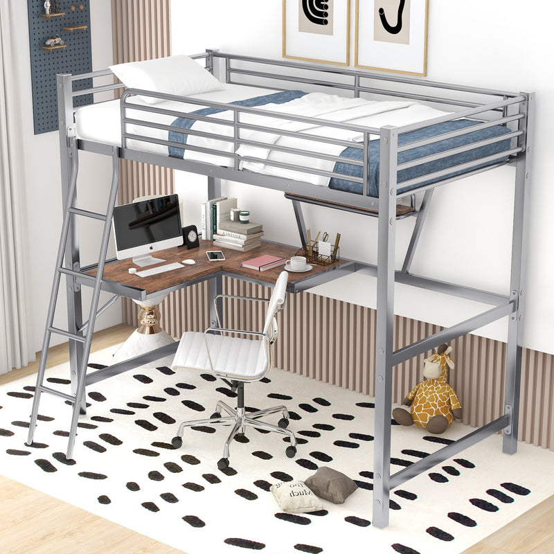 Twin Size Loft Metal&MDF Bed with Desk and Shelf, Silver (Old SKU:SM001105AAN-1)