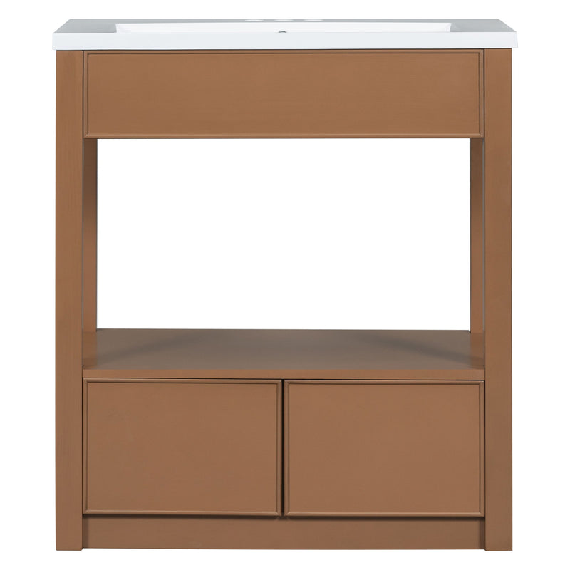 Bathroom Vanity With Sink Top, Bathroom Cabinet With Open Storage Shelf And Two Drawers - Brown