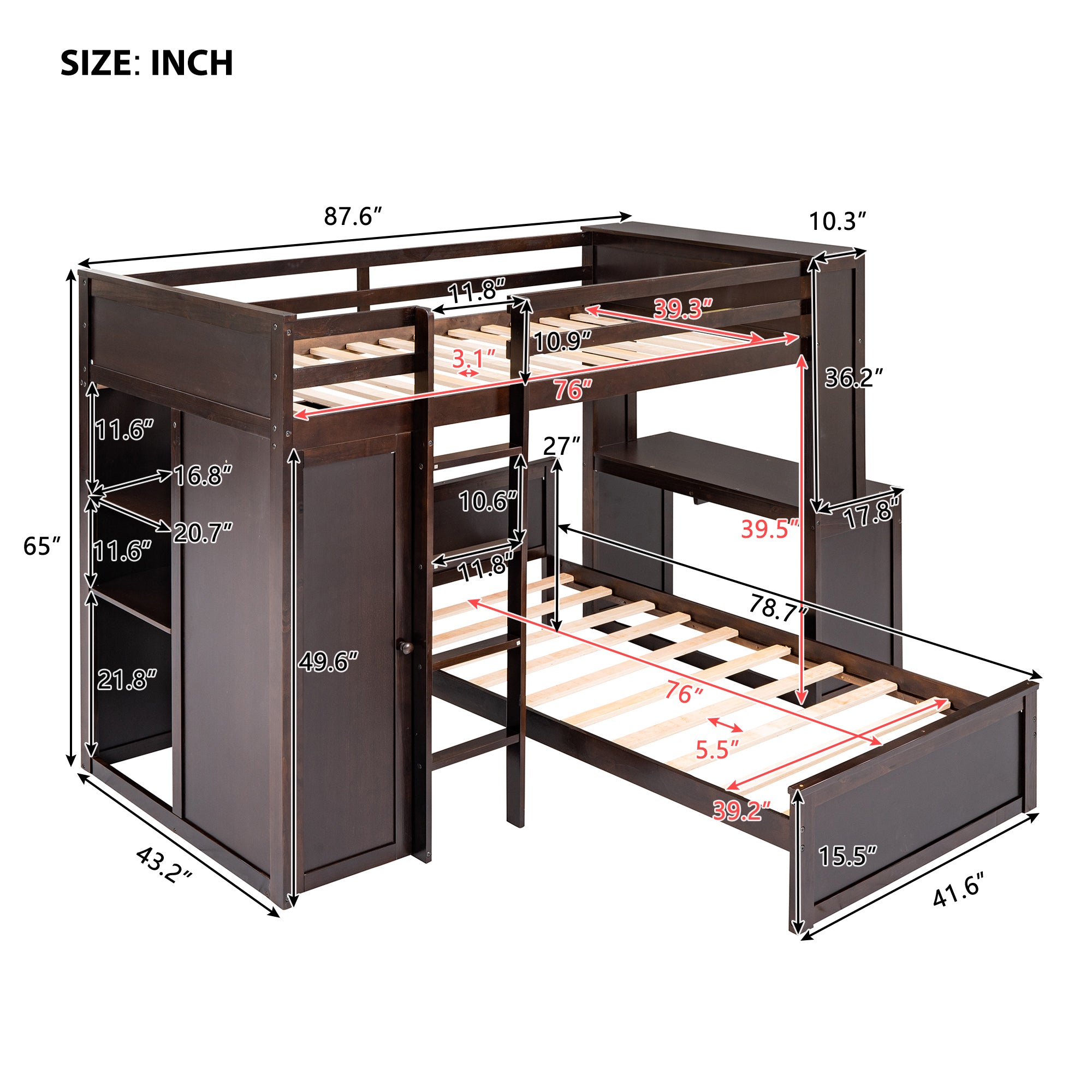 Twin size Loft Bed with a Stand-alone bed, Shelves,Desk,and Wardrobe-Espresso - Atlantic Fine Furniture Melbourne FL