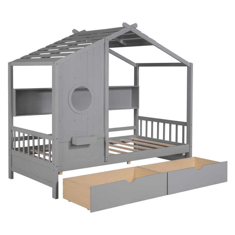 Wooden Twin Size House Bed with 2 Drawers,Kids Bed with Storage Shelf, Gray