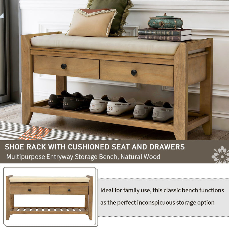 Multipurpose Entryway Shoe Rack With Cushioned Seat And Drawers
