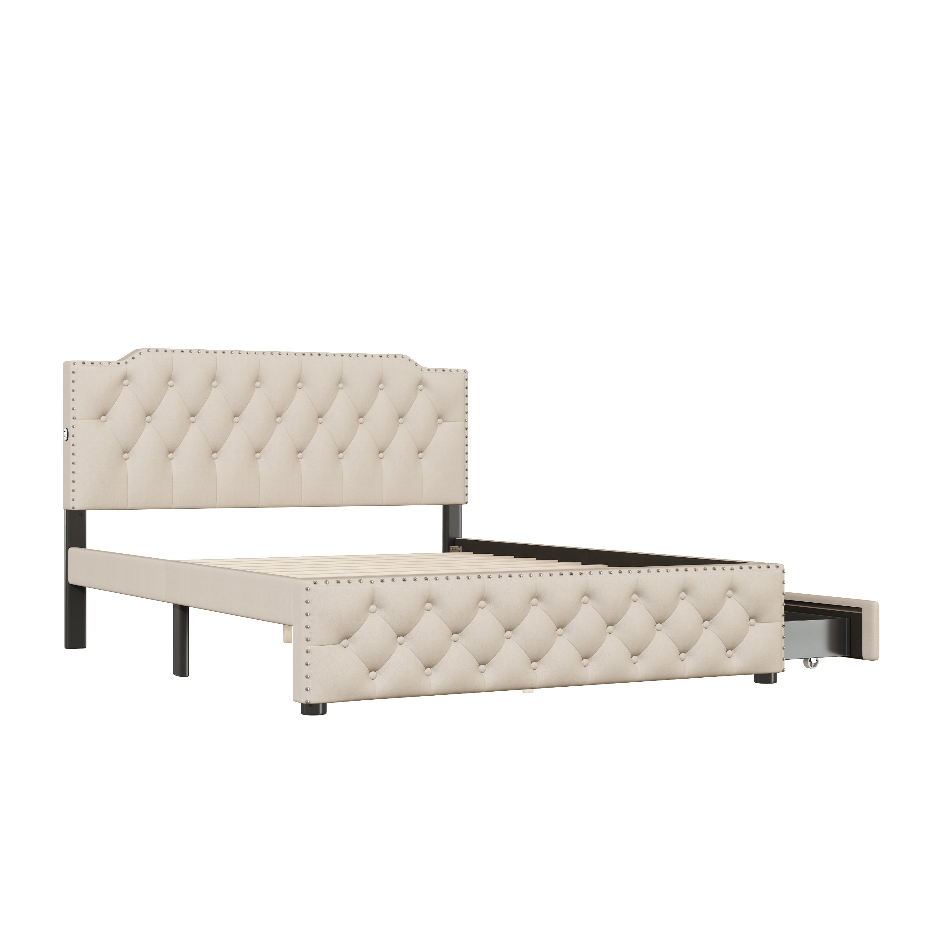 Queen Size Upholstered Platform Bed with 2 Drawers and 2 sets of USB Ports on each side, Linen Fabric, Beige - Atlantic Fine Furniture Melbourne FL