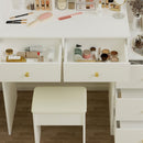 Fashion Vanity Desk With Mirror And Lights For Makeup And Cushioned Chair, Adjustable 3 Color Lighting - White